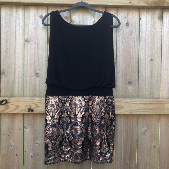 Betsy & Adam Dresses & Skirts - Betsy & Adam Blouson Mini Dress Size 8 Sequin Skirt Black Copper Sleeveless